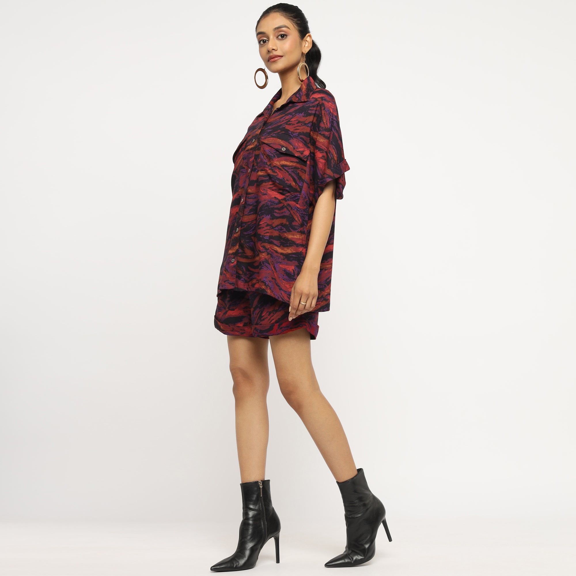 Purple Abstract Printed Co-ord Set with Oversized Shirt and Shorts